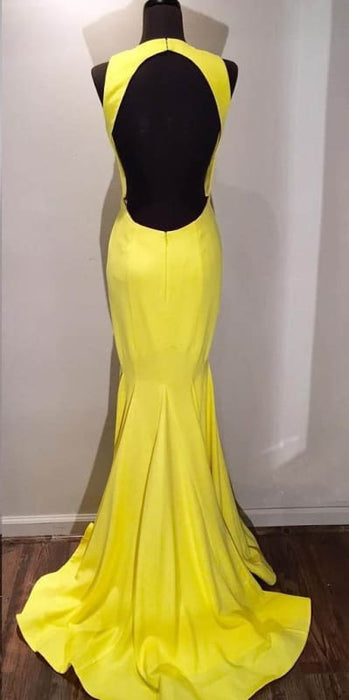 Elegant Yellow Scoop Open Back Sweep Train Mermaid Prom Gown Formal Dresses - Prom Dresses