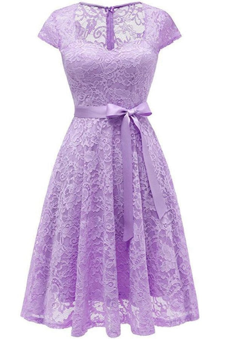 Embroidery Lace Dress short Sleeve Casual Evening - purple dress / S - lace dresses