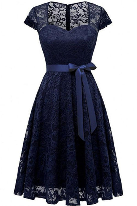 Embroidery Lace Dress short Sleeve Casual Evening - navy blue dress / S - lace dresses
