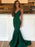 Emerald Green V Neck Mermaid Backless Long Prom Dresses with Sweep Train, Emerald Green Mermaid Formal Graduation Evening Dresses