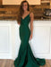 Emerald Green V Neck Mermaid Backless Long Prom Dresses with Sweep Train, Emerald Green Mermaid Formal Graduation Evening Dresses