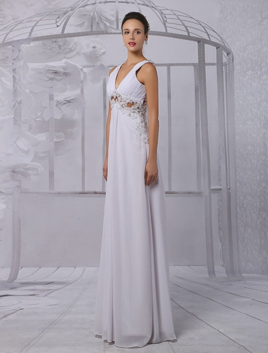 Empire Chiffon V-neck Illusion Back Wedding Dress With Floral Applique misshow