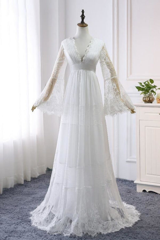 Empire Waist Long Sleeve Lace Tulle Wedding Dress - Wedding Dresses