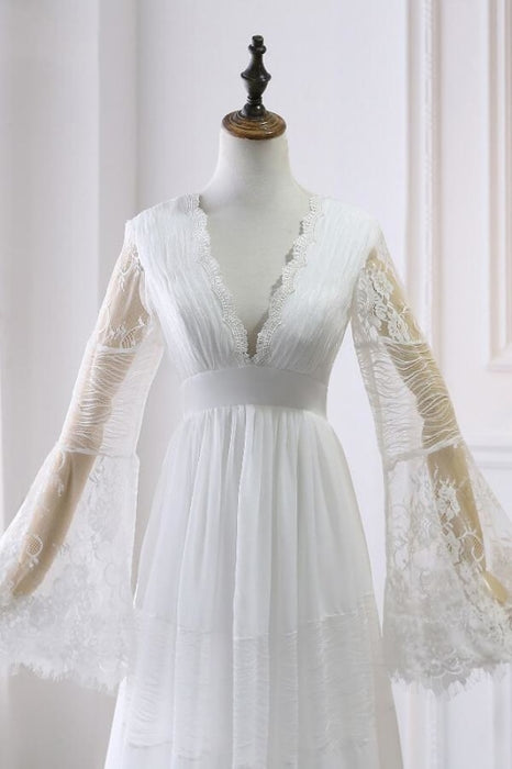 Empire Waist Long Sleeve Lace Tulle Wedding Dress - Wedding Dresses