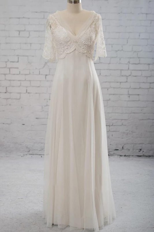 Empire Waist V-Neck Tulle A-Line Wedding Dress-Bridelily Empire Waist V-Neck Tulle A-Line Wedding Dress-Bridelily