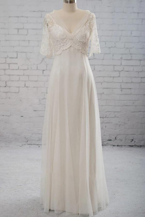 Empire Waist V-Neck Tulle A-Line Wedding Dress-Bridelily Empire Waist V-Neck Tulle A-Line Wedding Dress-Bridelily