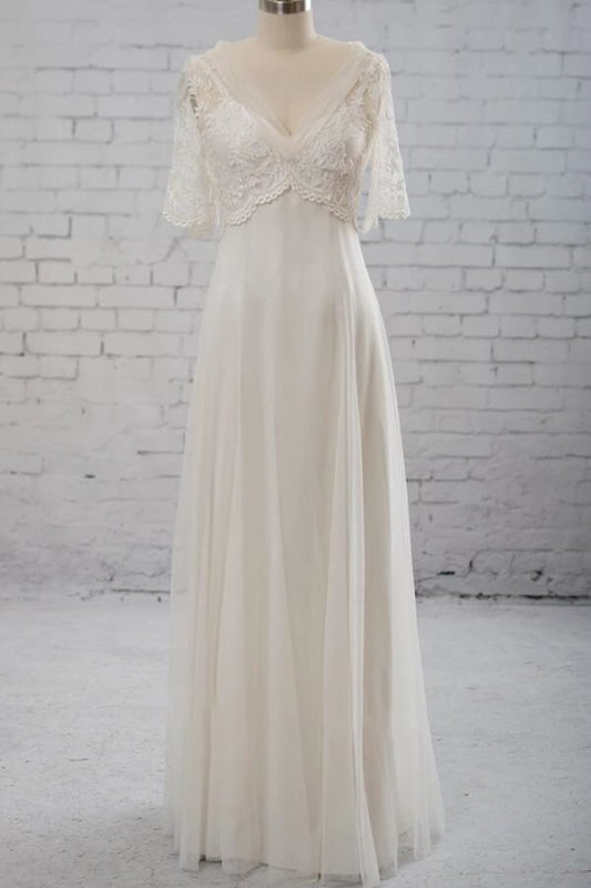 Empire Waist V-neck Tulle A-line Wedding Dress - Wedding Dresses