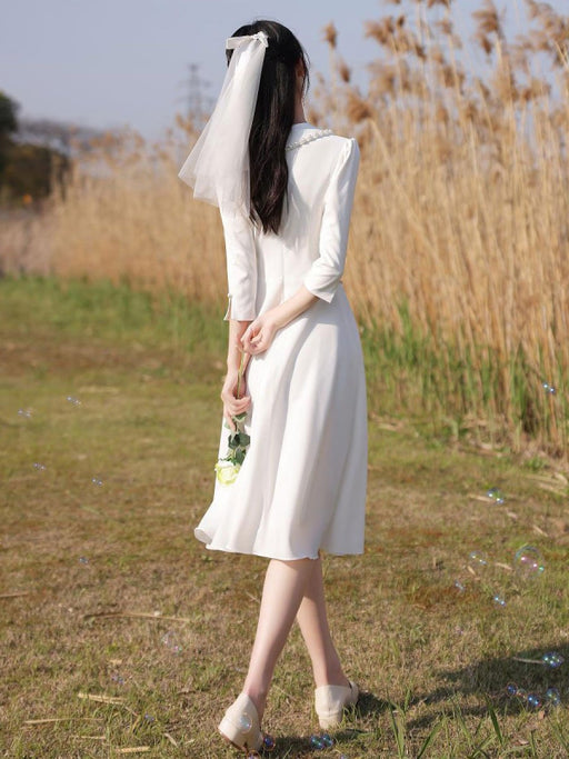 Eric White Evening Dress A-Line Designed Neckline Stretch Crepe Tea-Length Social Party Dresses