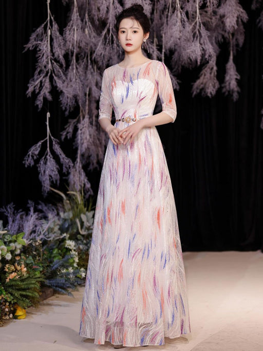 Eric White Evening Dress A-Line Jewel Neck Lace Up Sequined Sash Social Floor-Length Pageant Dresses