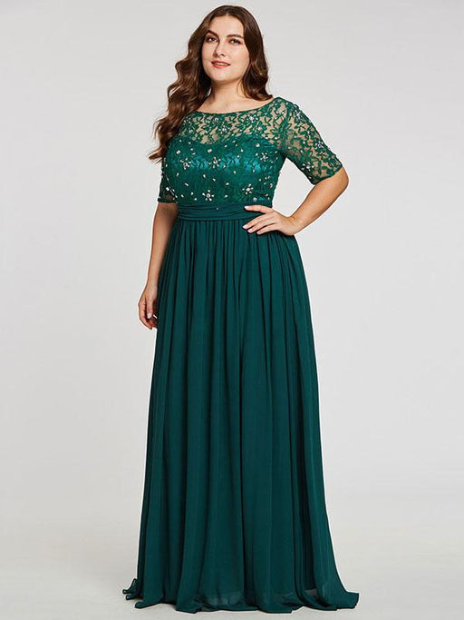 Evening Dress 2021 A Line Jewel Neck Floor Length Half Sleeves Zipper Lace Chiffon Formal Dinner Dresses