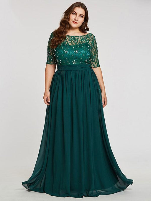 Evening Dress 2021 A Line Jewel Neck Floor Length Half Sleeves Zipper Lace Chiffon Formal Dinner Dresses