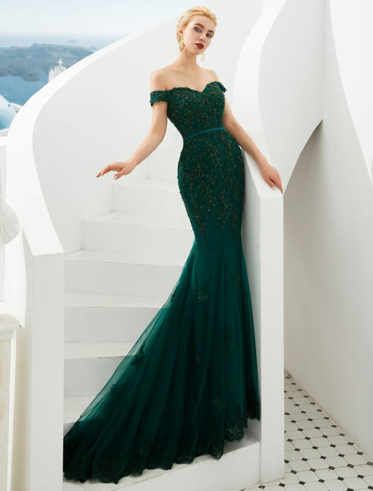 Evening Dress 2021 Luxury Handmade Beading Mermaid Off Shoulder Short Sleeve Formal Dinner Dresses With Train