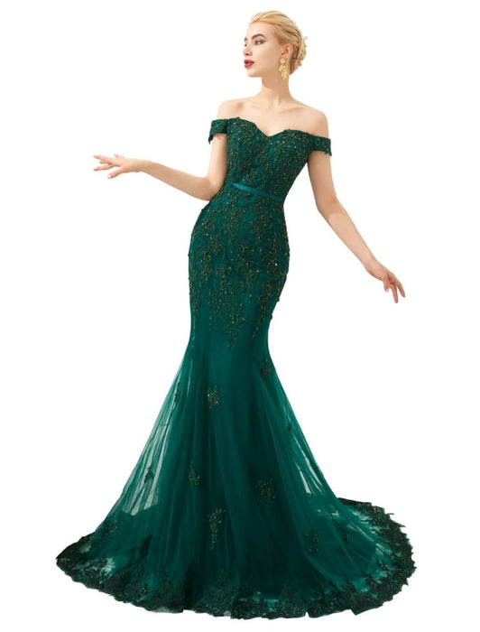 Evening Dress 2021 Luxury Handmade Beading Mermaid Off Shoulder Short Sleeve Formal Dinner Dresses With Train