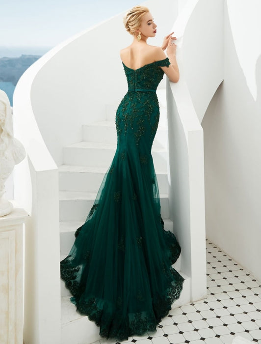 Evening Dress 2021 Luxury Handmade Beading Mermaid Off Shoulder Short Sleeve Formal Dinner Dresses With Train