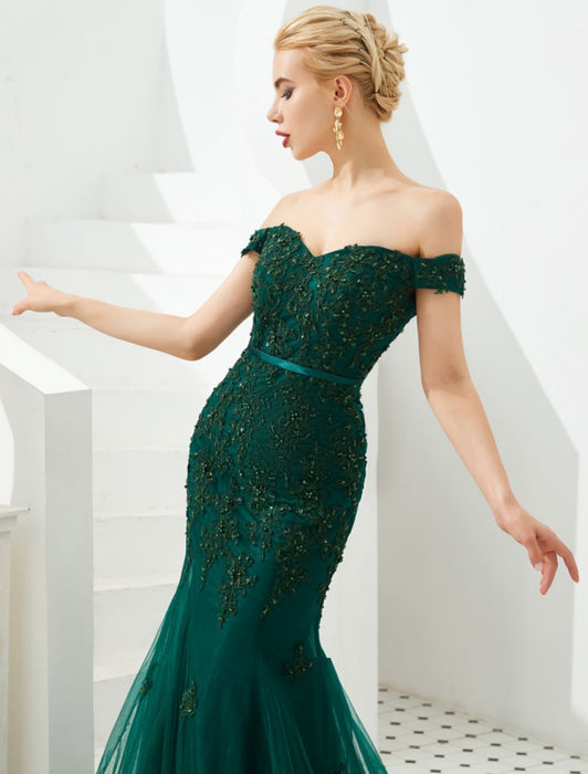 Evening Dress 2021 Luxury Handmade Beading Mermaid Off Shoulder Short Sleeve Formal Dinner Dresses With Train