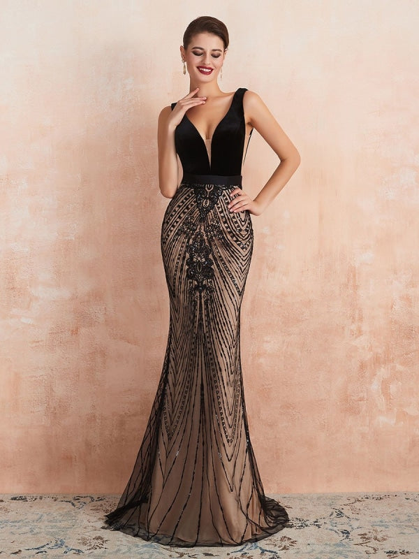 Evening Dress 2021 Mermaid Black Beaded Sleeveless V Neck Formal Party Dresses With Train(APP ExclusivePrice  $204.99)