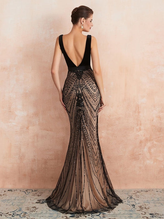 Evening Dress 2021 Mermaid Black Beaded Sleeveless V Neck Formal Party Dresses With Train(APP ExclusivePrice  $204.99)