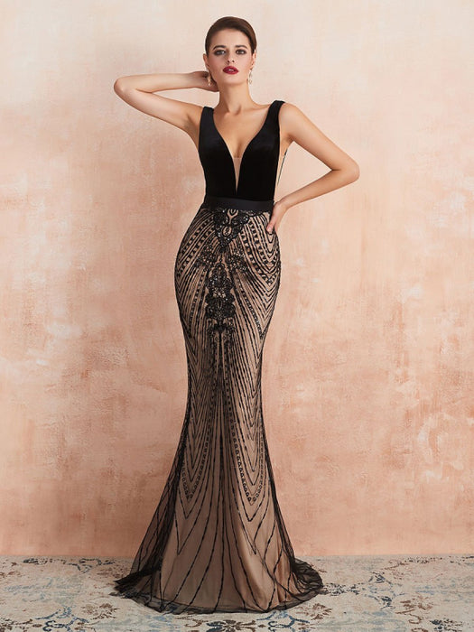 Evening Dress 2021 Mermaid Black Beaded Sleeveless V Neck Formal Party Dresses With Train(APP ExclusivePrice  $204.99)