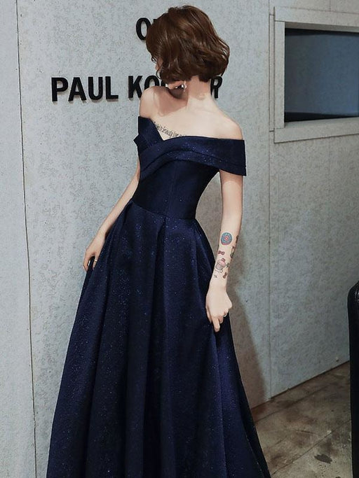 Evening Dress A-Line Bateau Neck Floor-Length Short Sleeves Lace-up Pleated Satin Fabric Prom Dress