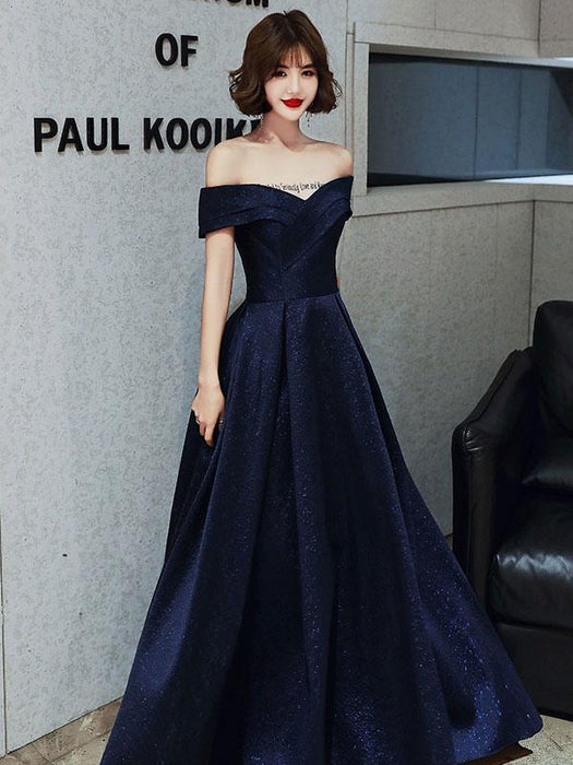 Evening Dress A-Line Bateau Neck Floor-Length Short Sleeves Lace-up Pleated Satin Fabric Prom Dress