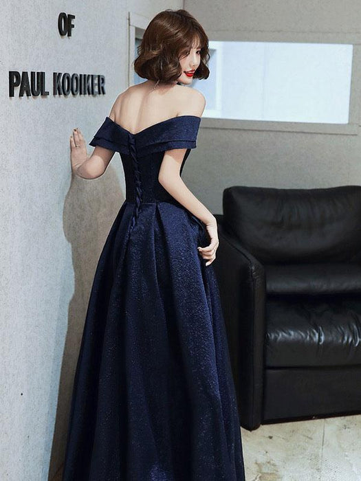 Evening Dress A-Line Bateau Neck Floor-Length Short Sleeves Lace-up Pleated Satin Fabric Prom Dress