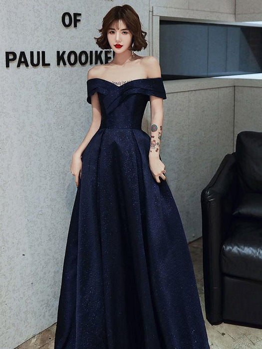 Evening Dress A-Line Bateau Neck Floor-Length Short Sleeves Lace-up Pleated Satin Fabric Prom Dress