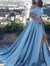 Evening Dress A Line Bateau Neck Satin Fabric Pleated High Split Formal Dinner Dresses With Train