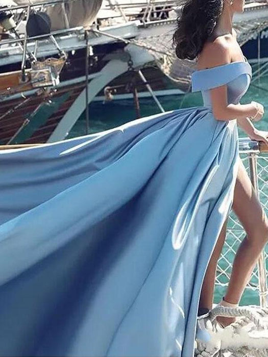 Evening Dress A Line Bateau Neck Satin Fabric Pleated High Split Formal Dinner Dresses With Train