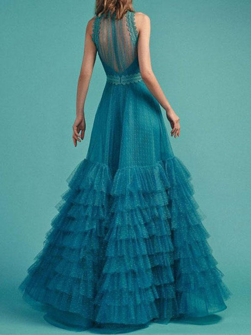 Evening Dress A Line High Collar Floor Length Sleeveless Zipper Lace Lace Formal Dinner Dresses