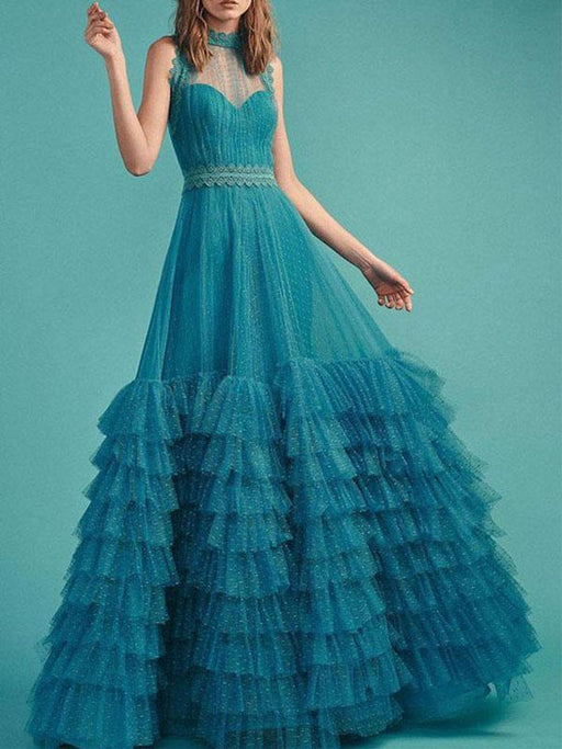 Evening Dress A Line High Collar Floor Length Sleeveless Zipper Lace Lace Formal Dinner Dresses