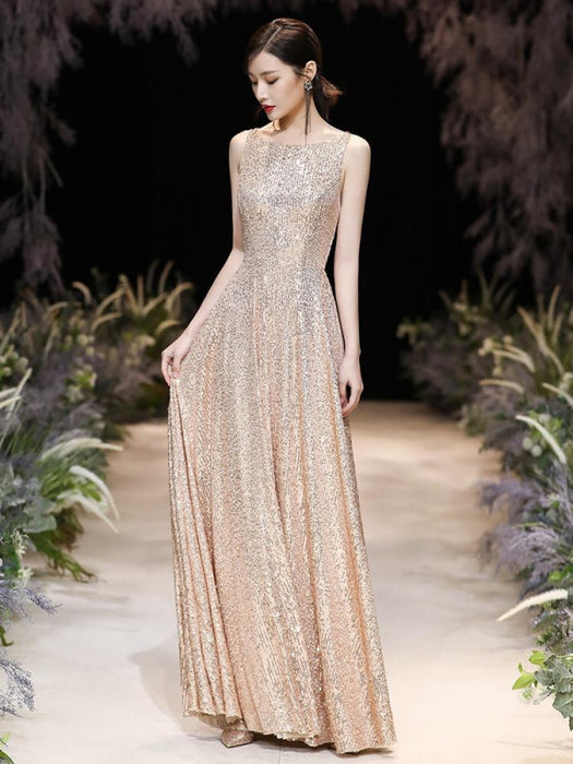 Evening Dress A-Line Jewel Neck Floor-Length Sleeveless Zipper Sequined Prom Dress