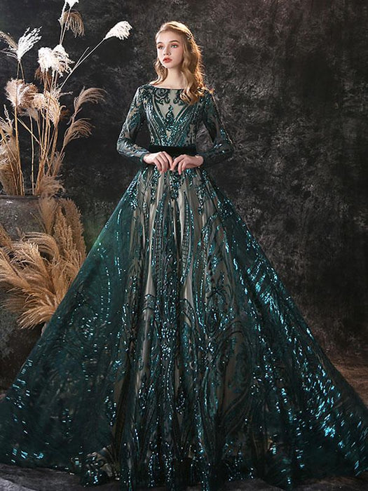 Evening Dress A-Line Jewel Neck With Train Long Sleeves Zipper Lace Lace Formal Party Dresses(APP ExclusivePrice  $199.99)