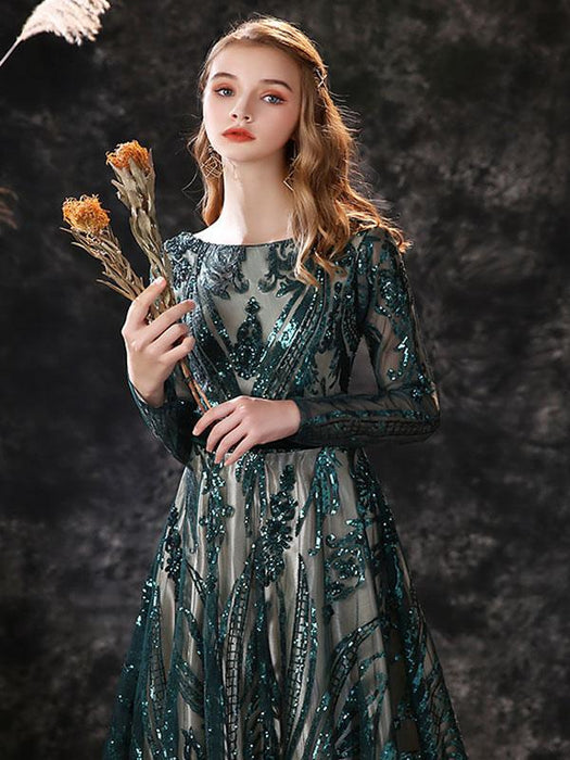 Evening Dress A-Line Jewel Neck With Train Long Sleeves Zipper Lace Lace Formal Party Dresses(APP ExclusivePrice  $199.99)