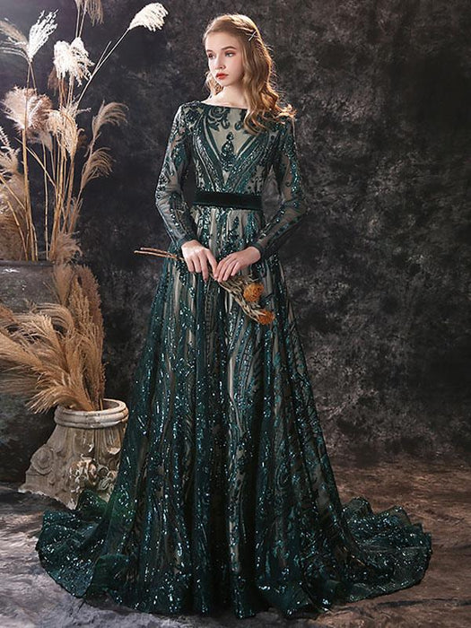 Evening Dress A-Line Jewel Neck With Train Long Sleeves Zipper Lace Lace Formal Party Dresses(APP ExclusivePrice  $199.99)