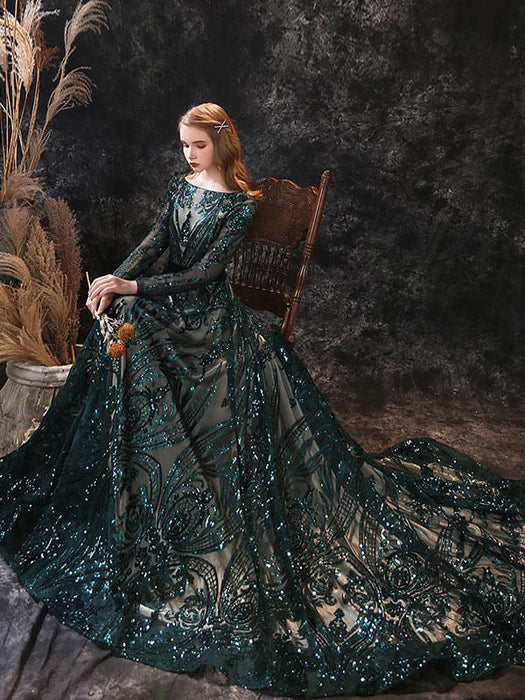 Evening Dress A-Line Jewel Neck With Train Long Sleeves Zipper Lace Lace Formal Party Dresses(APP ExclusivePrice  $199.99)