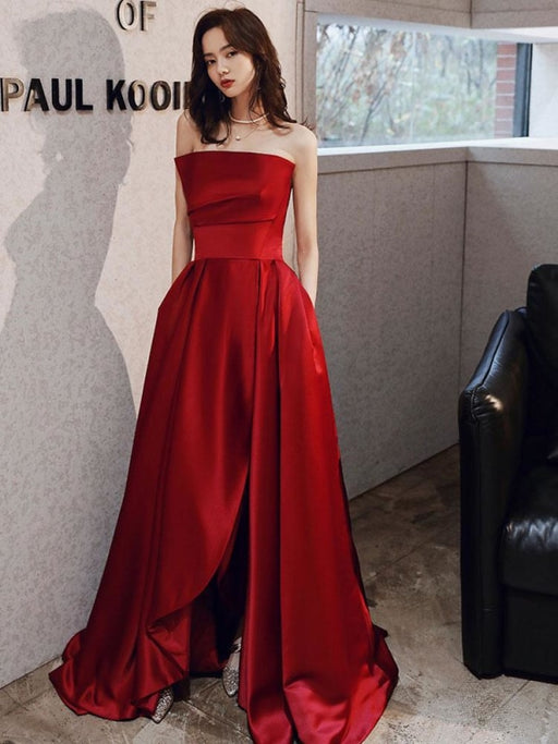 Evening Dress A-Line Strapless Satin Fabric Floor-Length Pleated Social Prom Dress