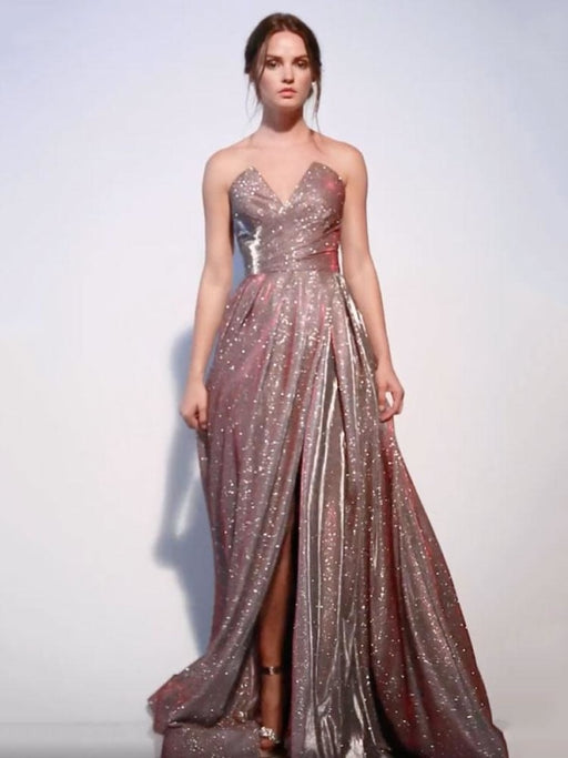 Evening Dress A-Line Strapless Sweep Zipper Pleated Sequined Dark Pink Formal Party Dresses