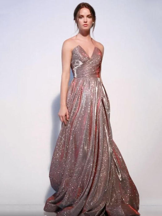 Evening Dress A-Line Strapless Sweep Zipper Pleated Sequined Dark Pink Formal Party Dresses