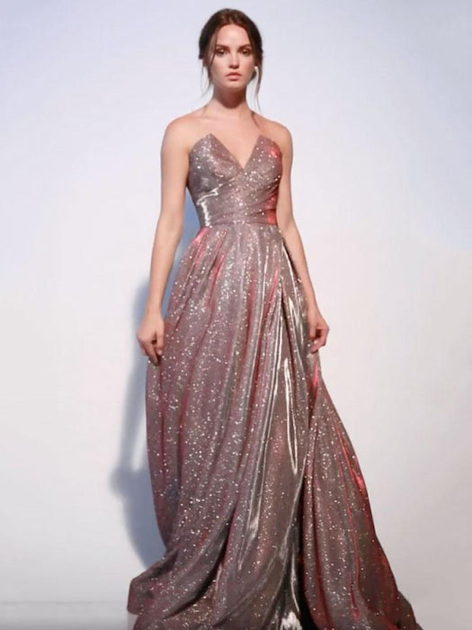 Evening Dress A-Line Strapless Sweep Zipper Pleated Sequined Dark Pink Formal Party Dresses