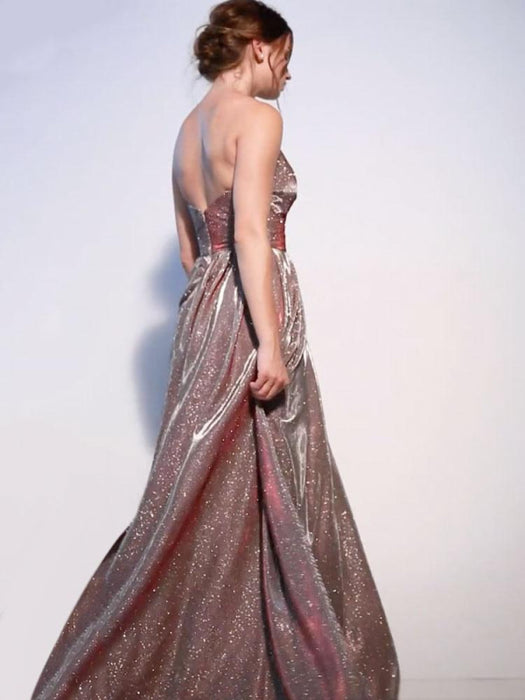 Evening Dress A-Line Strapless Sweep Zipper Pleated Sequined Dark Pink Formal Party Dresses