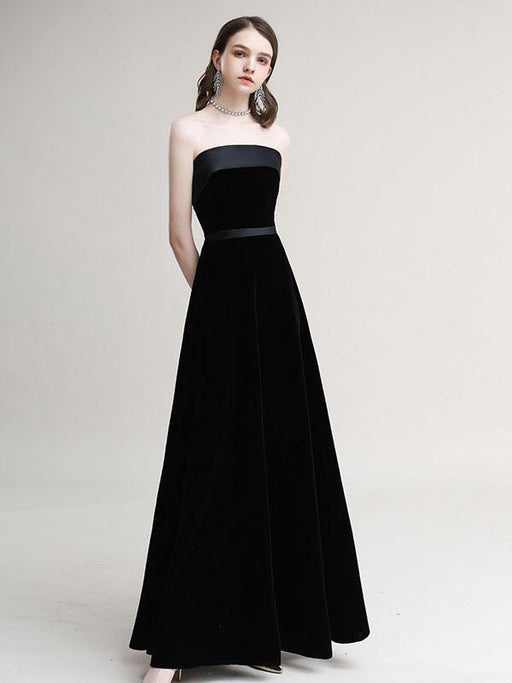 Evening Dress A-Line Strapless Velour Floor-Length Sash Prom Dress