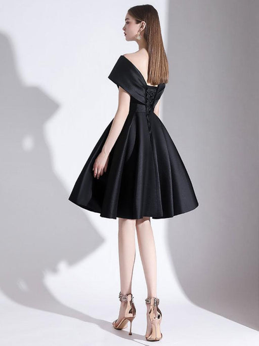 Evening Dress A-Line V-Neck Knee-Length Short Sleeves Lace-up Pleated Satin Fabric Cocktail Dress Little Black Dress(APP ExclusivePrice  $84.99)