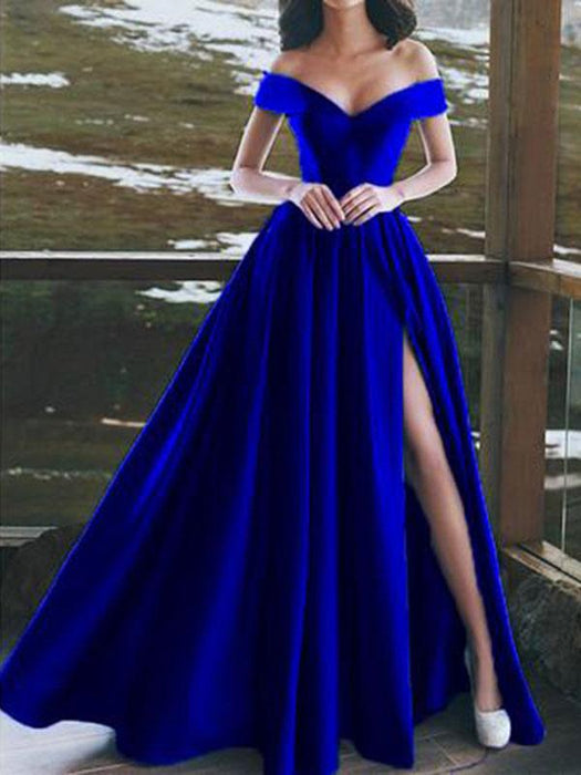 Evening Dress A Line V Neck Satin Fabric Floor Length High Split Forma Bridelily Evening Dress A Line V Neck Satin Fabric Floor Length High Split Forma Bridelily