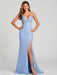Evening Dress Ball Gown V-Neck Backless Polyester Floor-Length Applique Light Sky Blue Formal Party Dresses