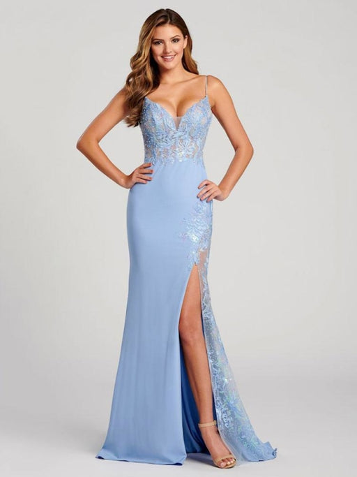 Evening Dress Ball Gown V-Neck Backless Polyester Floor-Length Applique Light Sky Blue Formal Party Dresses