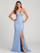 Evening Dress Ball Gown V-Neck Backless Polyester Floor-Length Applique Light Sky Blue Formal Party Dresses