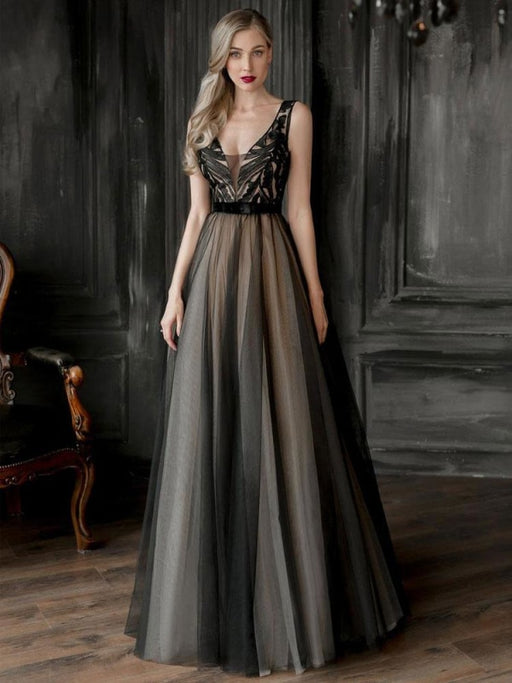 Evening Dress Black A-Line V-Neck Sleeveless Zipper Lace Tulle Floor-Length Formal Party Dresses