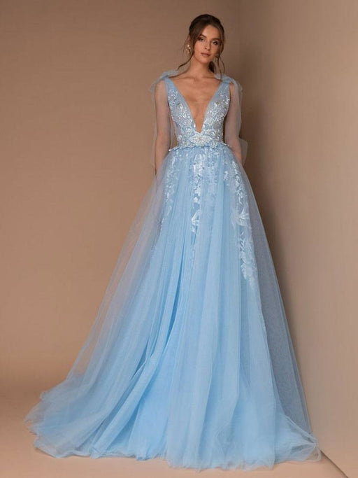 Evening Dress Blue A-Line V-Neck Sleeveless Lace Floor-Length Formal Party Dresses With Train