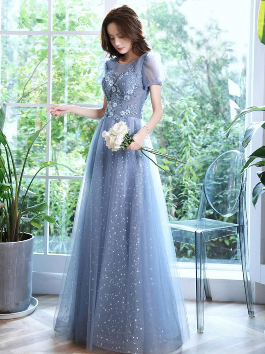 Evening Dress Blue Gray A-Line Jewel Neck Lace Applique Lace Up Floor-Length Formal Party Dresses