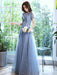 Evening Dress Blue Gray A-Line Jewel Neck Lace Applique Lace Up Floor-Length Formal Party Dresses